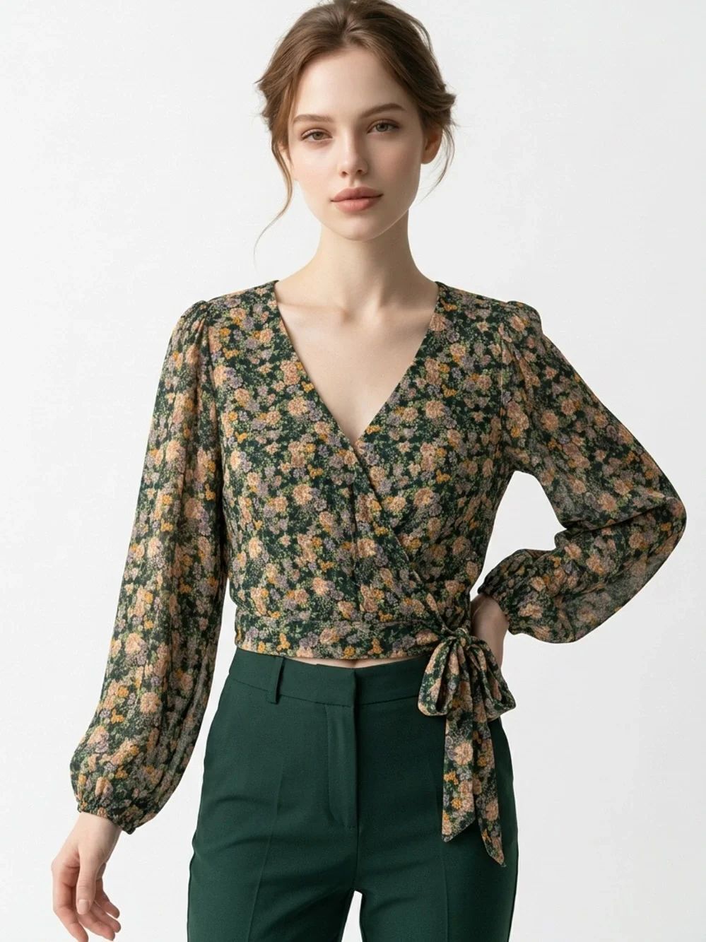 AMERICAN EAGLE | Floral Wrap Tie Blouse Green Peach Women’s Size Large